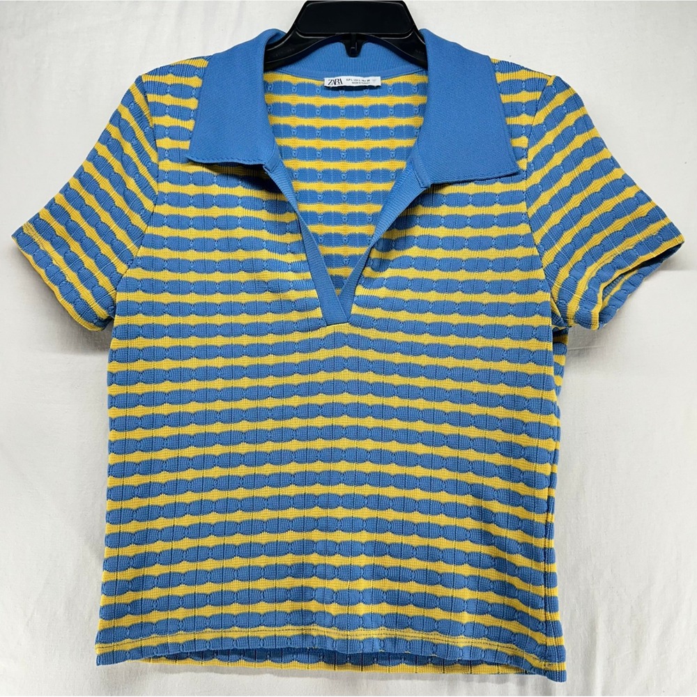 Zara Blue Yellow Striped Knit Polo Shirt V-Neck Short Sleeve Size Large
